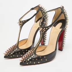 Pre Owned Christian Louboutin Black Leather Goldostrap Spike Pumps Size 37
