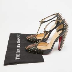 Pre Owned Christian Louboutin Black Leather Goldostrap Spike Pumps Size 37