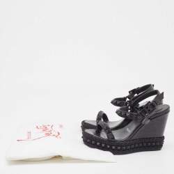 Christian Louboutin Black Embossed Lizard Pyraclou Wedge Sandals Size 35