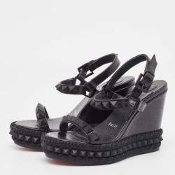 Christian Louboutin Black Embossed Lizard Pyraclou Wedge Sandals Size 35