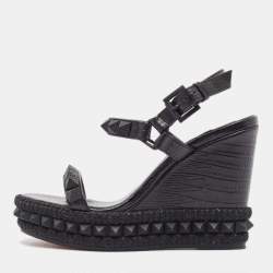 Christian Louboutin Black Embossed Lizard Pyraclou Wedge Sandals Size 35
