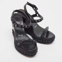 Christian Louboutin Black Embossed Lizard Pyraclou Wedge Sandals Size 35