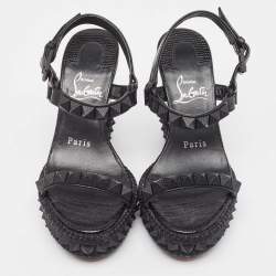 Christian Louboutin Black Embossed Lizard Pyraclou Wedge Sandals Size 35
