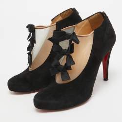 مملوكة مسبقًا Christian Louboutin Black Suede and Mesh Triple Bow Booties Size 38.5