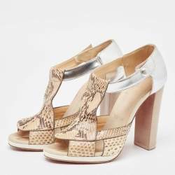 Christian Louboutin Sliver/Beige Python Leather And Foil Leather Ankle Strap Sandals Size 36
