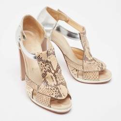 Christian Louboutin Sliver/Beige Python Leather And Foil Leather Ankle Strap Sandals Size 36
