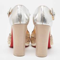 Christian Louboutin Sliver/Beige Python Leather And Foil Leather Ankle Strap Sandals Size 36