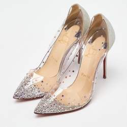 Pre Owned Christian Louboutin Silver Glitter and PVC Degrastrass Embellished Pumps Size 38