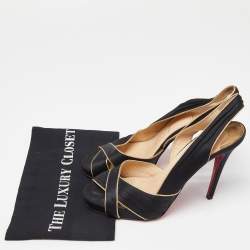Pre Owned Christian Louboutin Black/Gold Satin and Leather Trim Platform Peep Toe Slingback Sandals Size 42