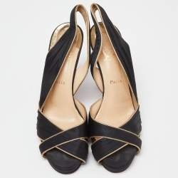 Pre Owned Christian Louboutin Black/Gold Satin and Leather Trim Platform Peep Toe Slingback Sandals Size 42