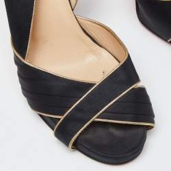 Pre Owned Christian Louboutin Black/Gold Satin and Leather Trim Platform Peep Toe Slingback Sandals Size 42