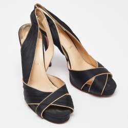 Pre Owned Christian Louboutin Black/Gold Satin and Leather Trim Platform Peep Toe Slingback Sandals Size 42