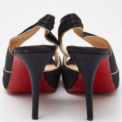Pre Owned Christian Louboutin Black/Gold Satin and Leather Trim Platform Peep Toe Slingback Sandals Size 42