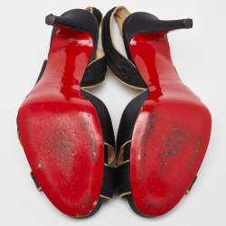 Pre Owned Christian Louboutin Black/Gold Satin and Leather Trim Platform Peep Toe Slingback Sandals Size 42