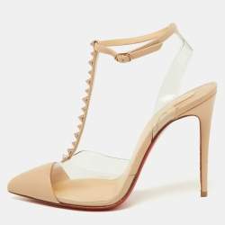 Christian Louboutin Beige Leather and PVC Nosy T-strap Slingback Pumps Size 36