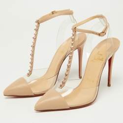 Christian Louboutin Beige Leather and PVC Nosy T-strap Slingback Pumps Size 36