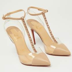 Christian Louboutin Beige Leather and PVC Nosy T-strap Slingback Pumps Size 36