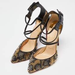 Christian Louboutin Black Leather and Patent Leather Suzanna Spikes Leo Ankle Cuff Sandals Size 36