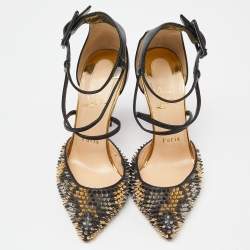 Christian Louboutin Black Leather and Patent Leather Suzanna Spikes Leo Ankle Cuff Sandals Size 36