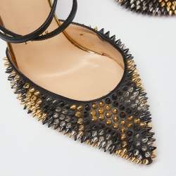 Christian Louboutin Black Leather and Patent Leather Suzanna Spikes Leo Ankle Cuff Sandals Size 36