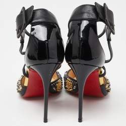 Christian Louboutin Black Leather and Patent Leather Suzanna Spikes Leo Ankle Cuff Sandals Size 36