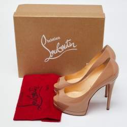 Pre Owned Christian Louboutin Beige Patent Leather Lady Peep Platform Pumps Size 38