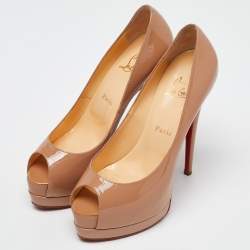 Pre Owned Christian Louboutin Beige Patent Leather Lady Peep Platform Pumps Size 38