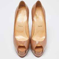 Pre Owned Christian Louboutin Beige Patent Leather Lady Peep Platform Pumps Size 38