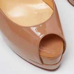 Pre Owned Christian Louboutin Beige Patent Leather Lady Peep Platform Pumps Size 38