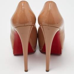Pre Owned Christian Louboutin Beige Patent Leather Lady Peep Platform Pumps Size 38