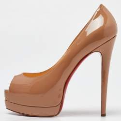 Pre Owned Christian Louboutin Beige Patent Leather Lady Peep Platform Pumps Size 38