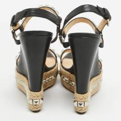 Pre Owned Christian Louboutin Black Leather Pyraclou Wedge Sandals Size 41