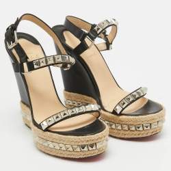 Pre Owned Christian Louboutin Black Leather Pyraclou Wedge Sandals Size 41