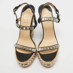 Pre Owned Christian Louboutin Black Leather Pyraclou Wedge Sandals Size 41