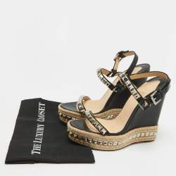 Pre Owned Christian Louboutin Black Leather Pyraclou Wedge Sandals Size 41