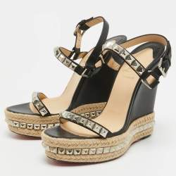 Pre Owned Christian Louboutin Black Leather Pyraclou Wedge Sandals Size 41