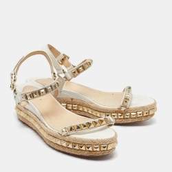 Pre Owned Christian Louboutin White Leather Pyraclou Spike Espadrilles Sandals Size 39