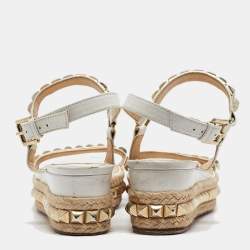 Pre Owned Christian Louboutin White Leather Pyraclou Spike Espadrilles Sandals Size 39