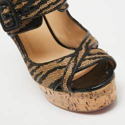 Christian Louboutin Black/Beige Canvas Melisa Cork Wedge Pumps Size 38