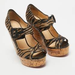 Christian Louboutin Black/Beige Canvas Melisa Cork Wedge Pumps Size 38