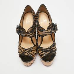 Christian Louboutin Black/Beige Canvas Melisa Cork Wedge Pumps Size 38