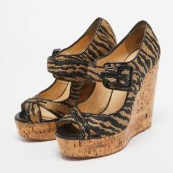 Christian Louboutin Black/Beige Canvas Melisa Cork Wedge Pumps Size 38