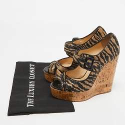 Christian Louboutin Black/Beige Canvas Melisa Cork Wedge Pumps Size 38