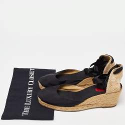 Christian Louboutin Black/Beige Canvas and Woven Jute Carino Plato Wedge Espadrille Sandals Size 41