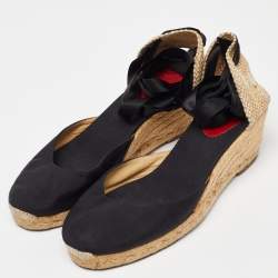 Christian Louboutin Black/Beige Canvas and Woven Jute Carino Plato Wedge Espadrille Sandals Size 41