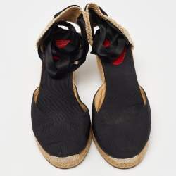 Christian Louboutin Black/Beige Canvas and Woven Jute Carino Plato Wedge Espadrille Sandals Size 41