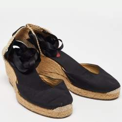 Christian Louboutin Black/Beige Canvas and Woven Jute Carino Plato Wedge Espadrille Sandals Size 41