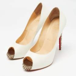 Christian Louboutin White Leather New Very Prive Spikes Pumps Size 37.5