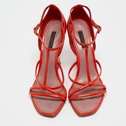 Louis Vuitton Orange Patent Leather Strappy Wedge Sandals Size 37.5