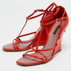 Louis Vuitton Orange Patent Leather Strappy Wedge Sandals Size 37.5